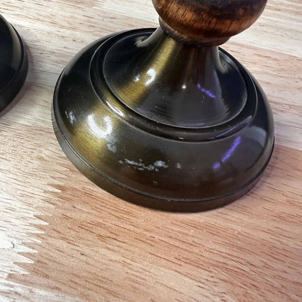 Vintage Wood and Brass Pillar Candle Holders Set of 2 Turned Dark Brown 9.5in